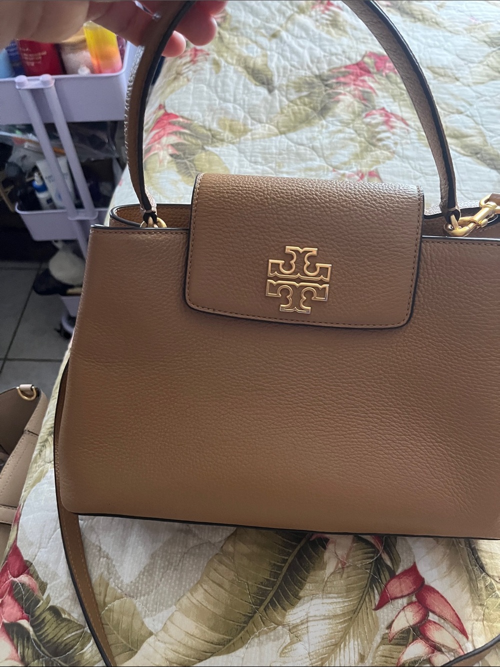 Tory Burch Cognac Leather Top-Handle Satchel with Gold Logo